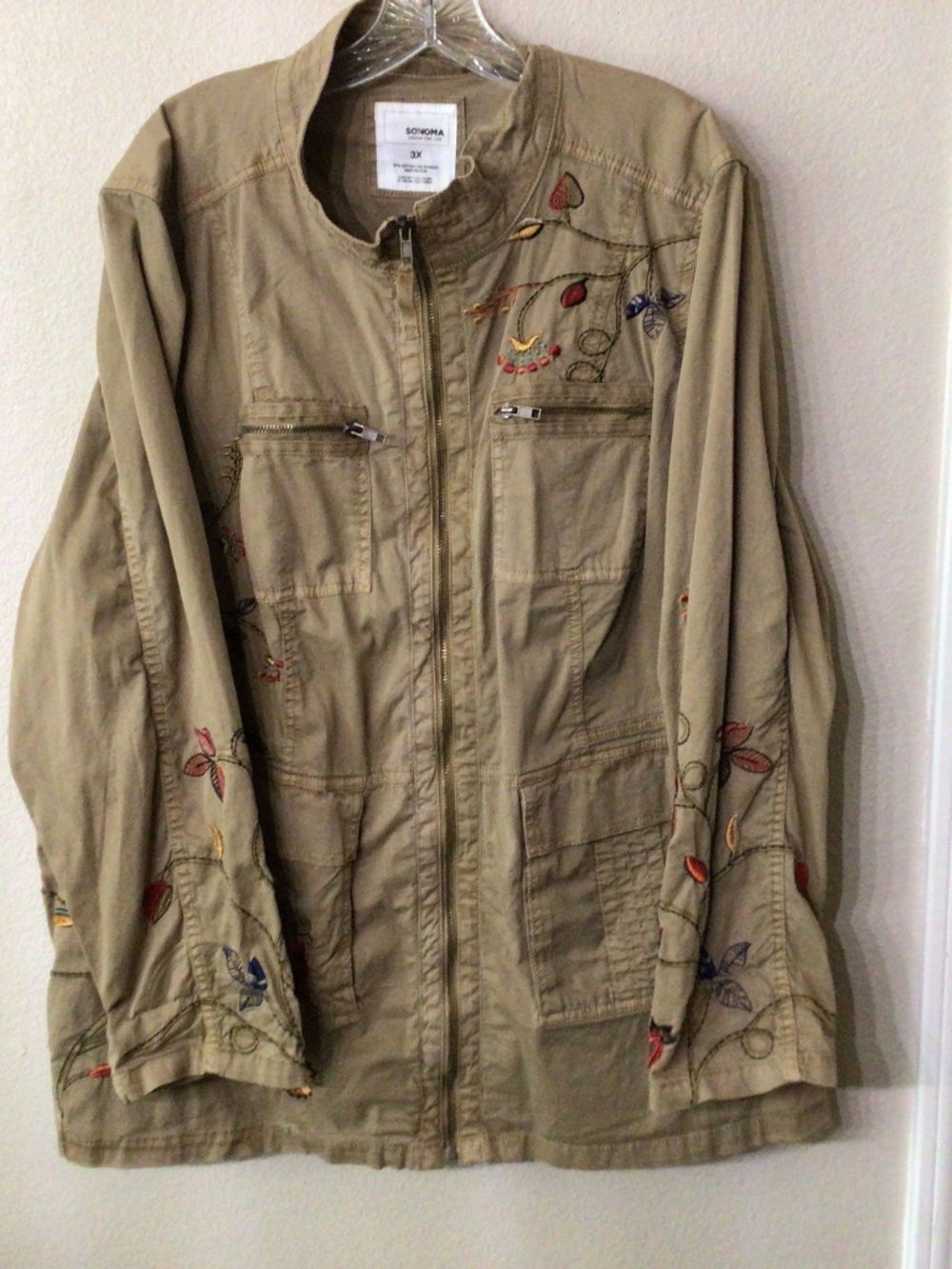 Sonoma Goods for Life light army green jacket with Embroidered flowers. Size 3X.